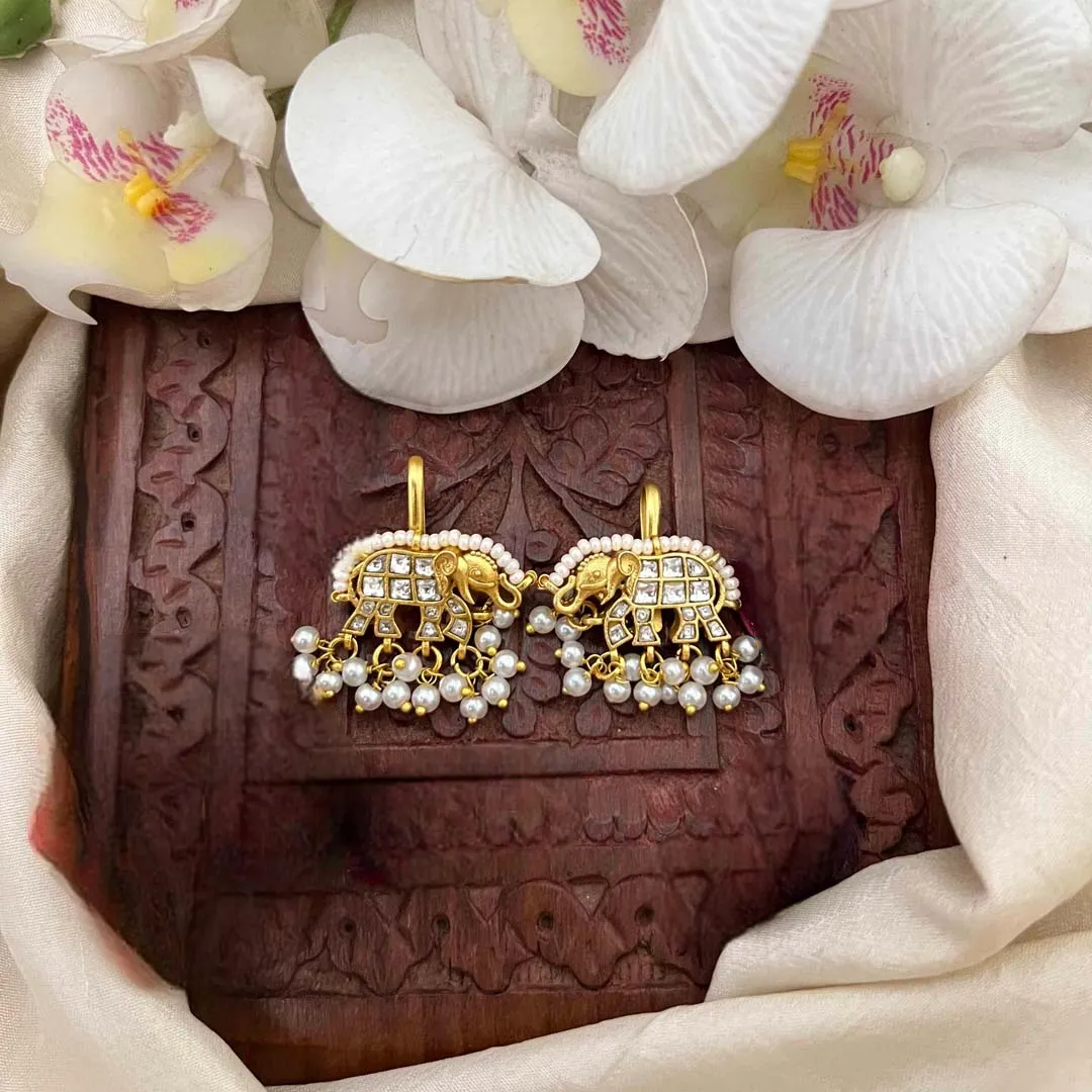 Golden Elephant Grid Pearl Drop Kundan Jadau Bugadis